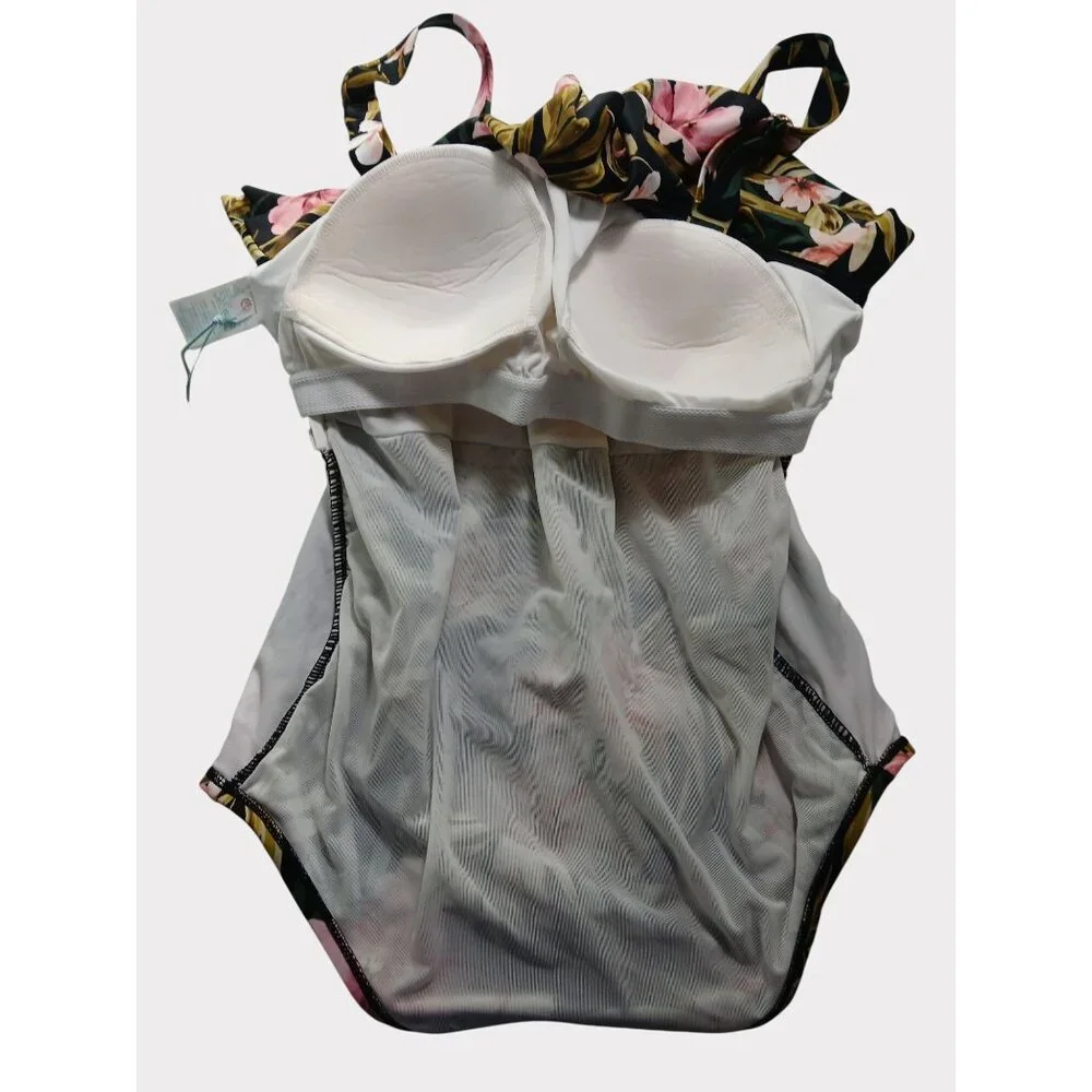 Kona Sol 16W Black Green Pink Floral Ruffle Front One Piece Swimsuit 16W Plus - Picture 11 of 13